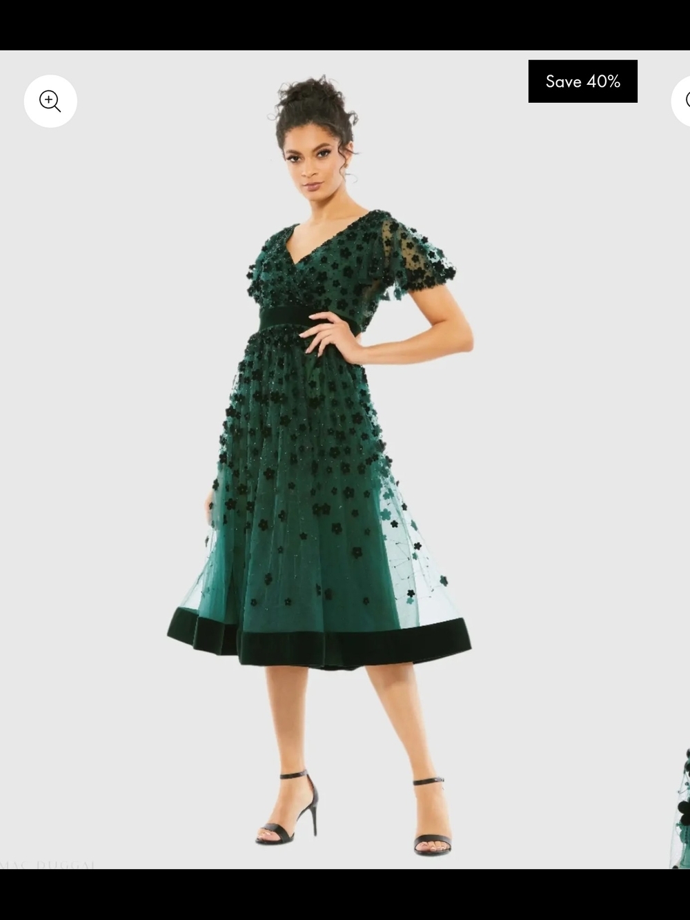Mac Duggal Emerald Green V-Neck Midi Dress with Floral Appliqué